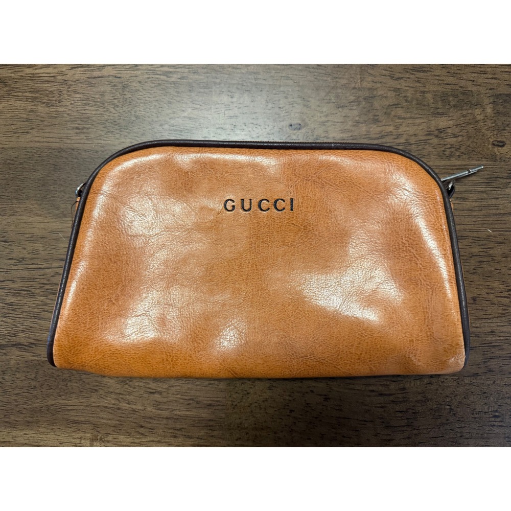 Gucci Tan Leather Cosmetic Pouch Toiletry Bag with Contrast Piping